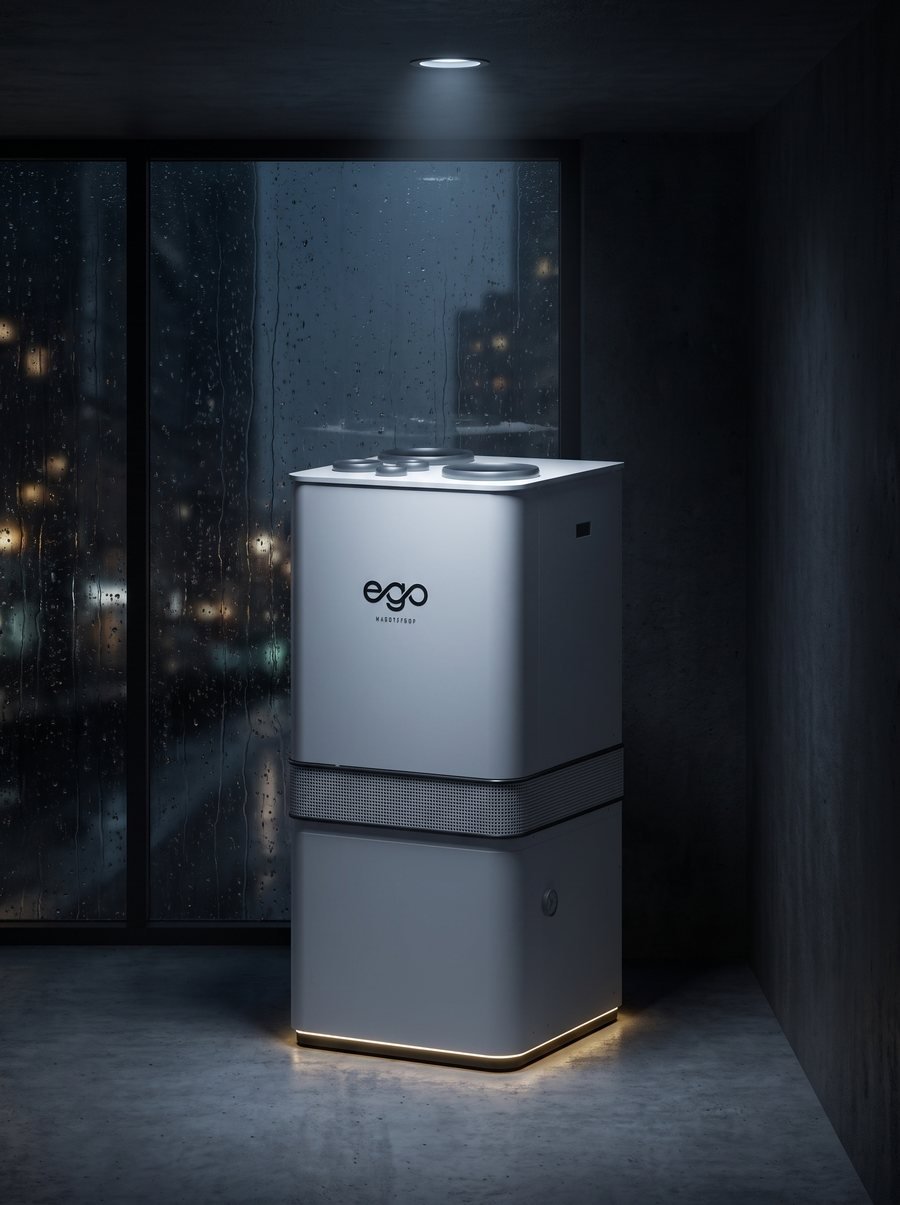 De nieuwe EGO warmtepomp 7 kW in een technische ruimte bij nacht